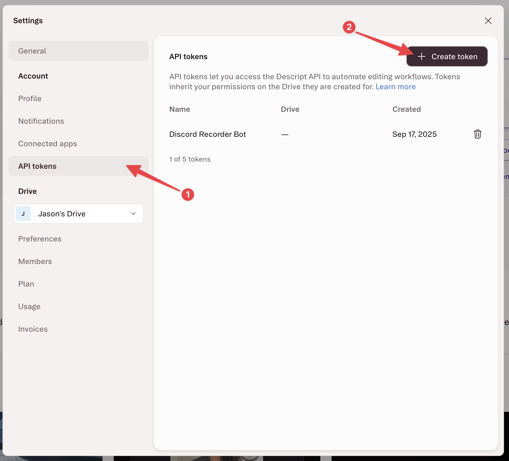 Navigate to Settings > API tokens and click Create token